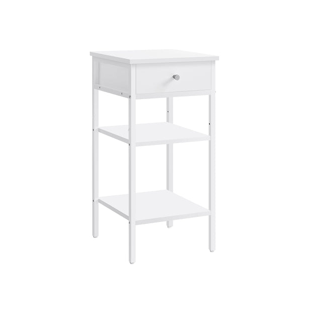 End Table – Wood and Metal – Rustic Brown and Black – Space-Saving Design with Drawer and Storage Shelves