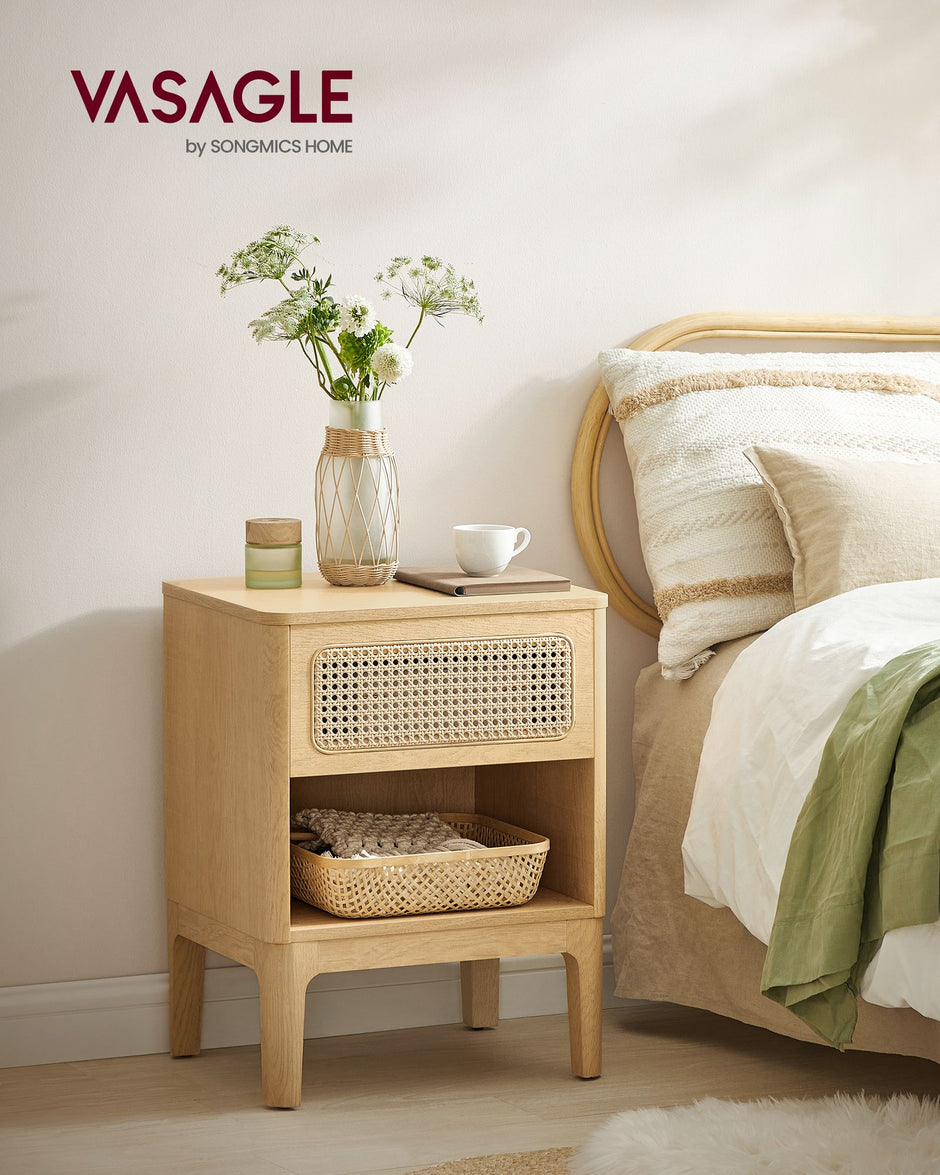 Rattan Bedside Table – Natural – Modern Design with Drawer for Living Room and Bedroom Storage