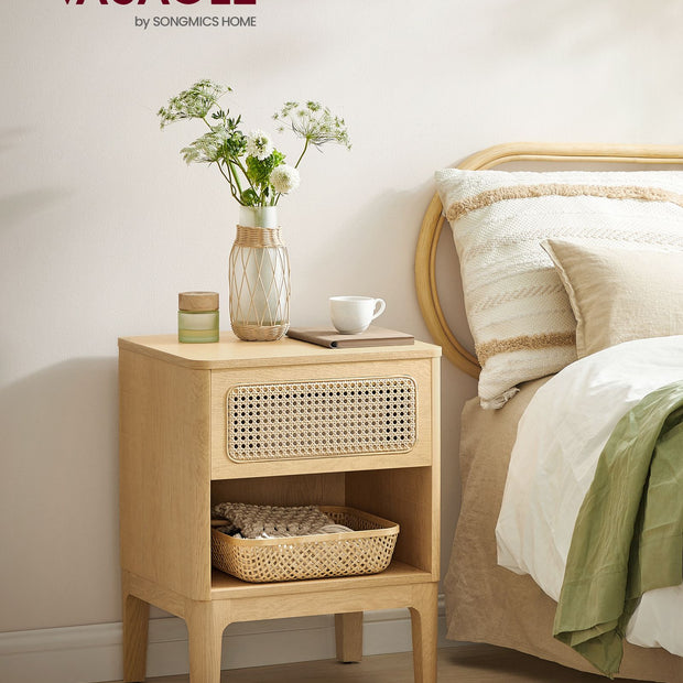 Rattan Bedside Table – Natural – Modern Design with Drawer for Living Room and Bedroom Storage
