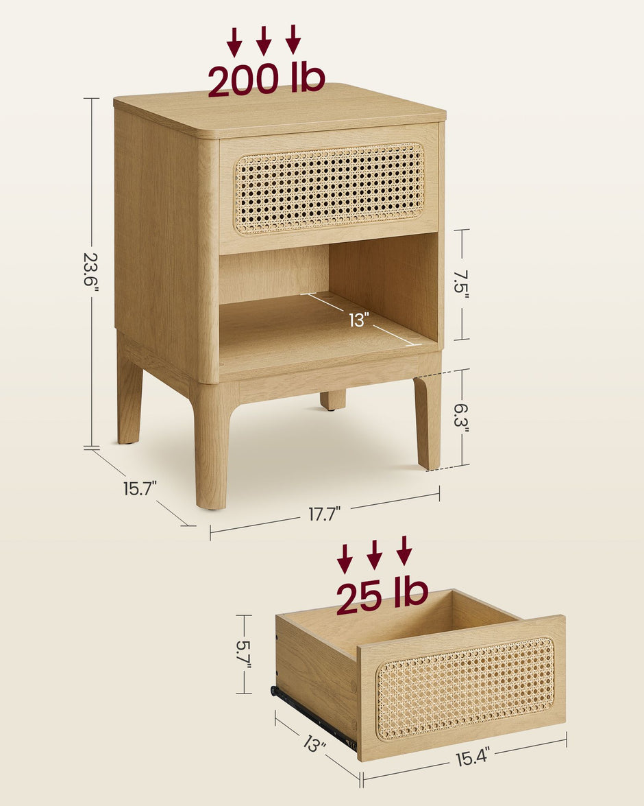 Rattan Bedside Table – Natural – Modern Design with Drawer for Living Room and Bedroom Storage