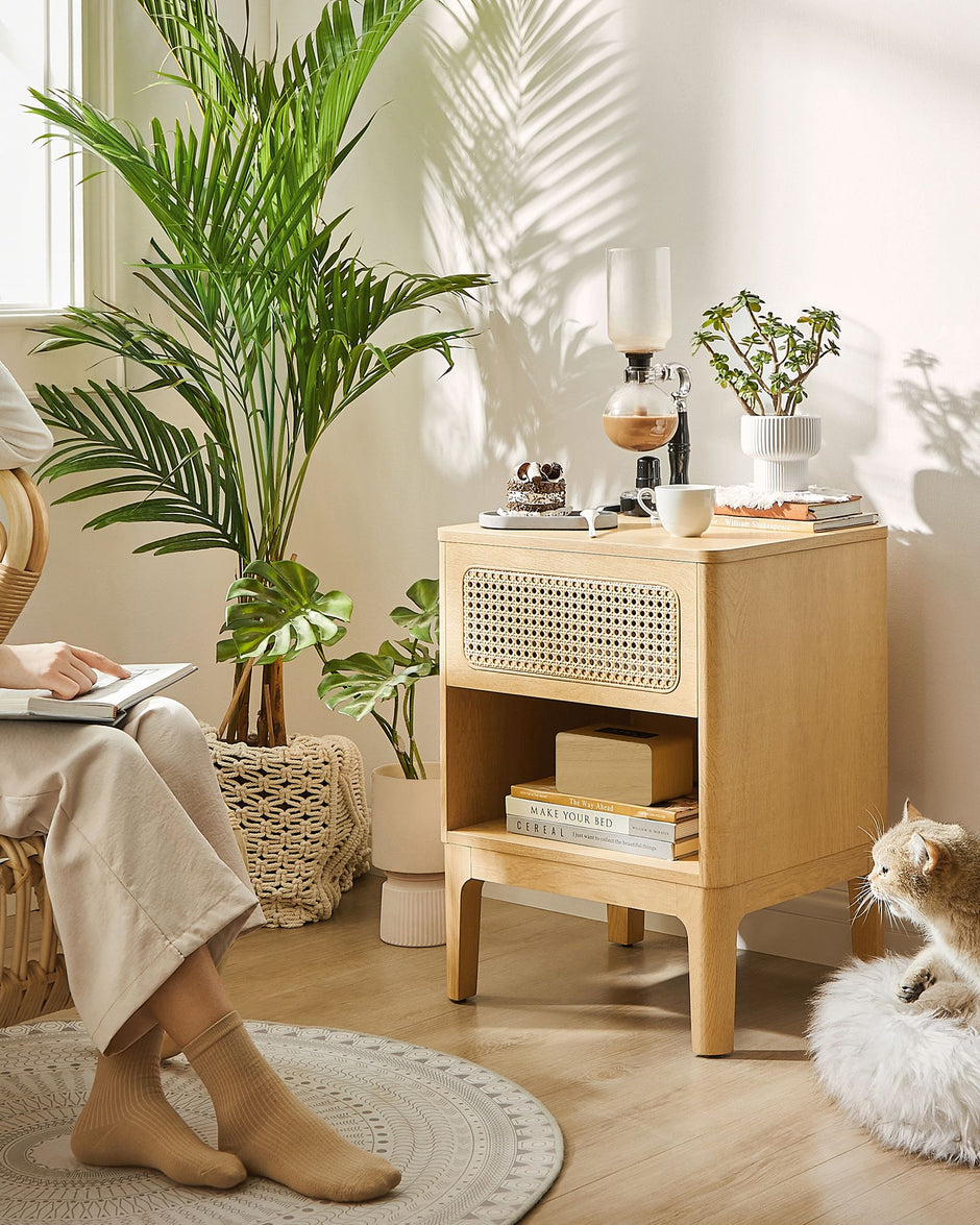 Rattan Bedside Table – Natural – Modern Design with Drawer for Living Room and Bedroom Storage