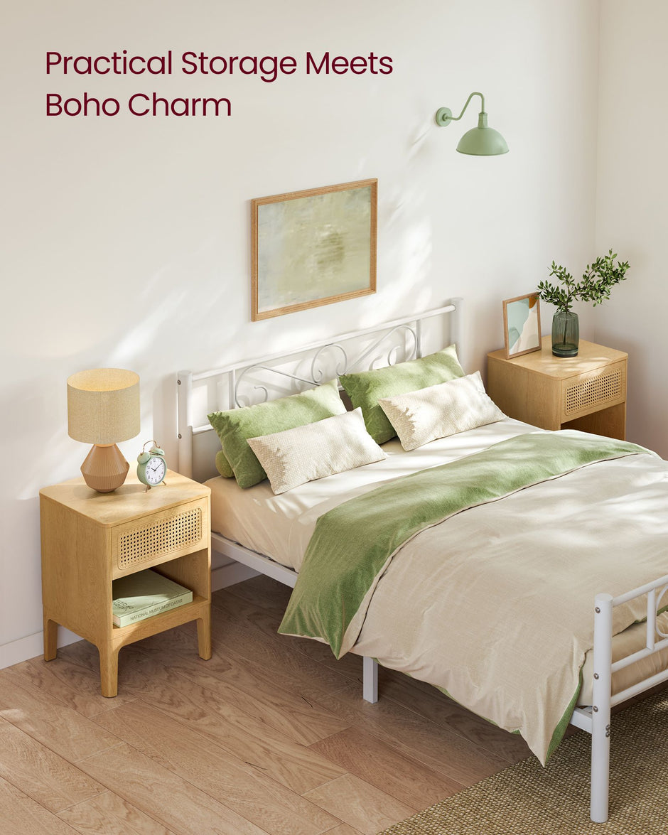 Rattan Bedside Table – Natural – Modern Design with Drawer for Living Room and Bedroom Storage