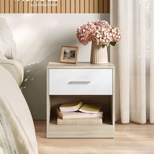 Bedside Table – Wood – Natural Finish – Drawer and Open Compartment