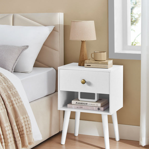 Bedside Table – Solid Wood – Cloud White – Storage Drawer and Open Shelf