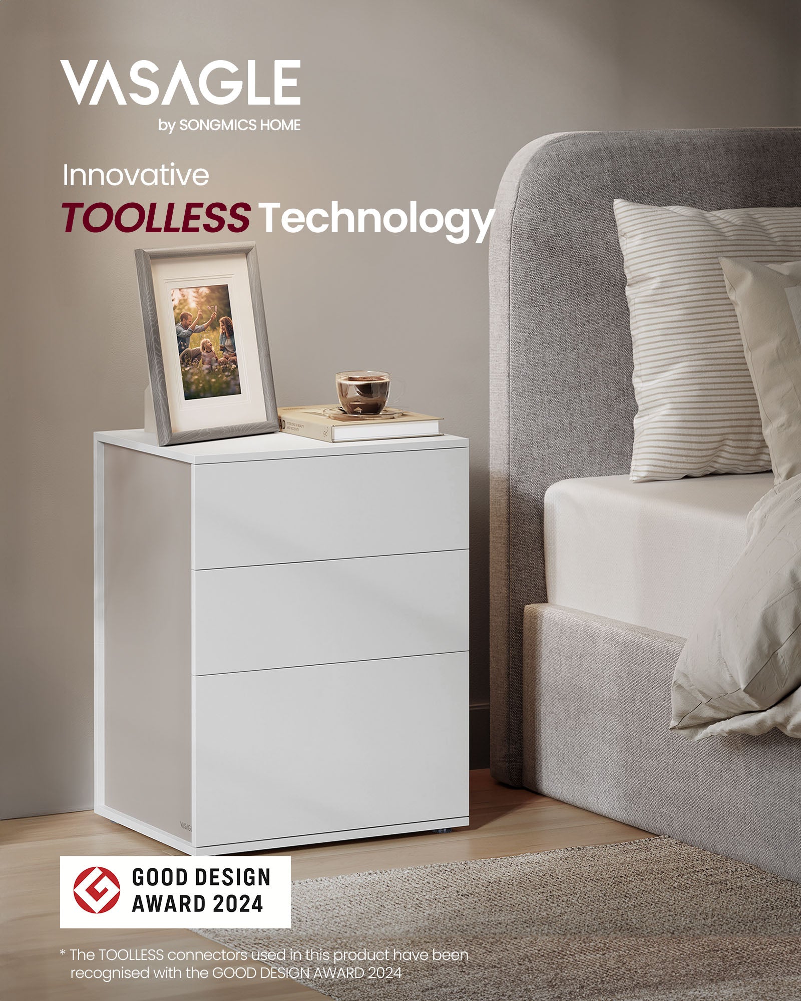 Bedside Table – MDF – Matte White and Cappuccino Beige – Toolless Assembly with 3 Storage Drawers