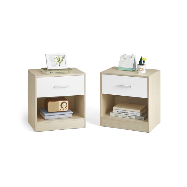 Set of 2 Bedside Tables – Wood – Natural Beige and Classic White – Featuring Drawer and Open Compartment