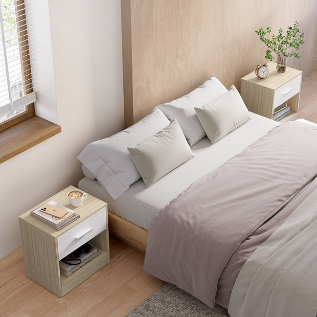 Set of 2 Bedside Tables – Wood – Natural Beige and Classic White – Featuring Drawer and Open Compartment