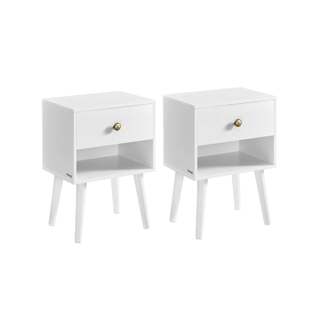 Set of 2 Bedside Tables – Solid Wood – Cloud White – Features Storage Drawers and Open Shelf