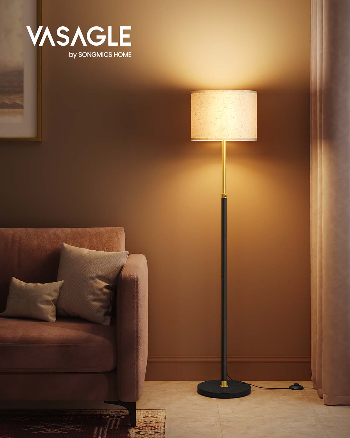 Modern Floor Lamp – Fabric – Gold and Black – Adjustable Height with Foot Switch