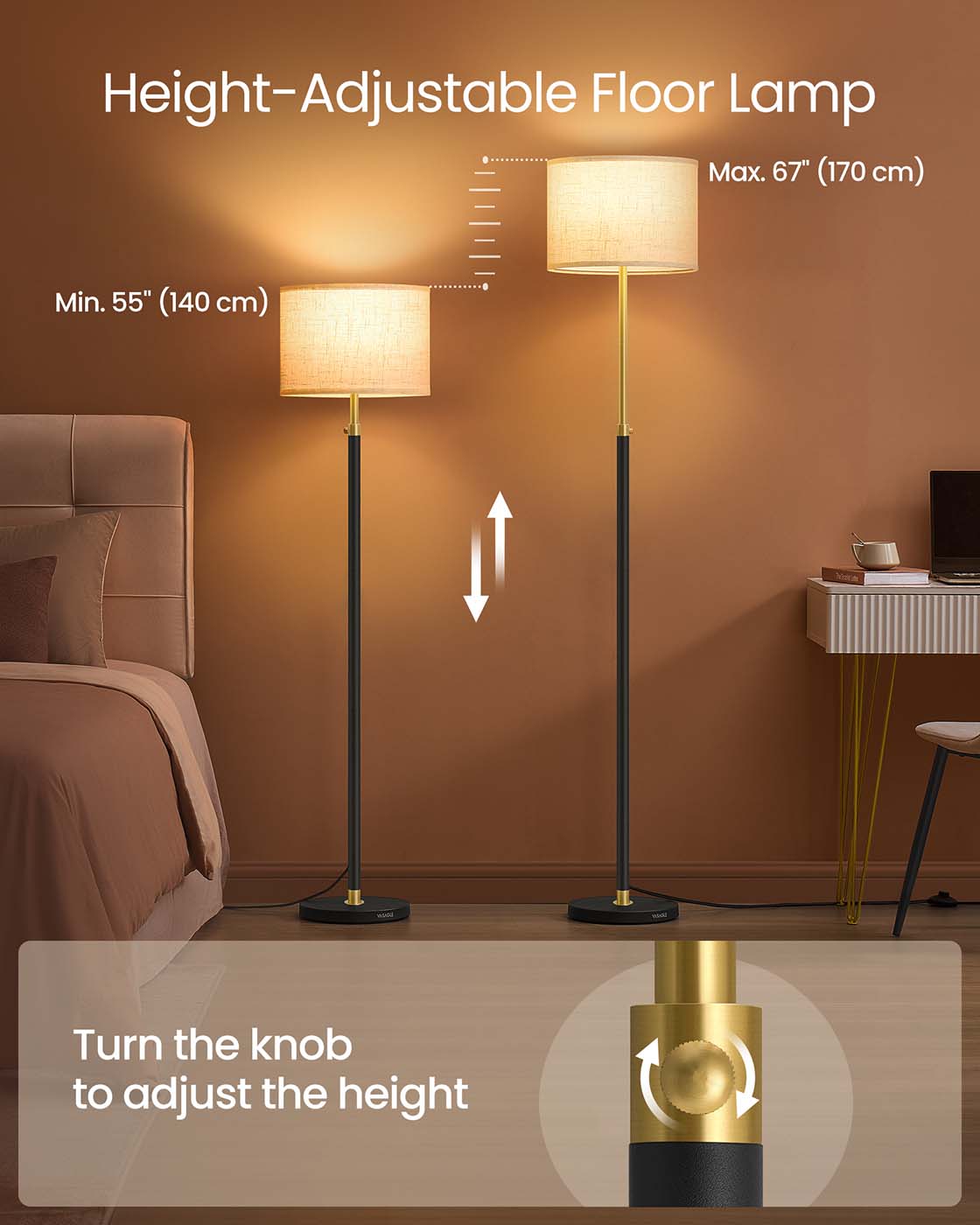 Modern Floor Lamp – Fabric – Gold and Black – Adjustable Height with Foot Switch
