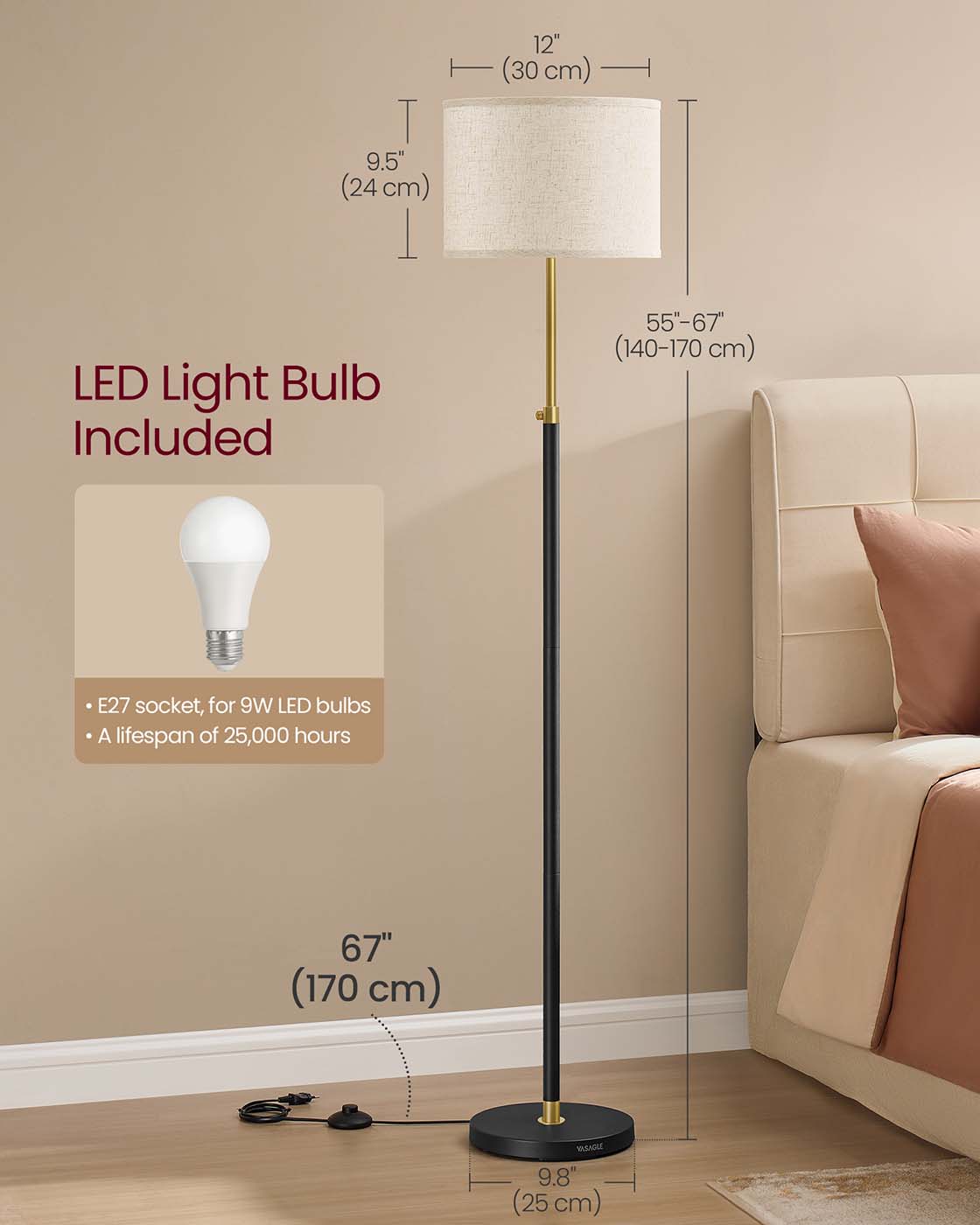 Modern Floor Lamp – Fabric – Gold and Black – Adjustable Height with Foot Switch