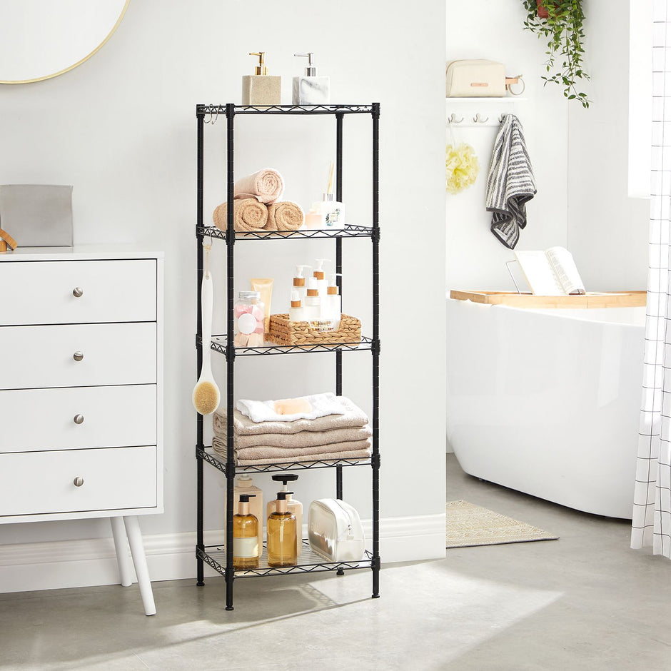 5-Tier Wire Shelving Unit – Metal – Black – Adjustable Shelves and Hooks, 100 kg Load Capacity
