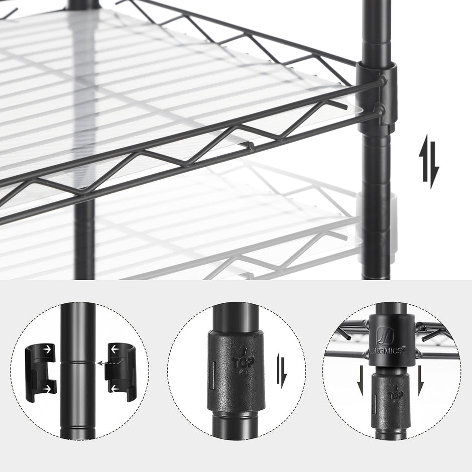 5-Tier Wire Shelving Unit – Metal – Black – Adjustable Shelves and Hooks, 100 kg Load Capacity