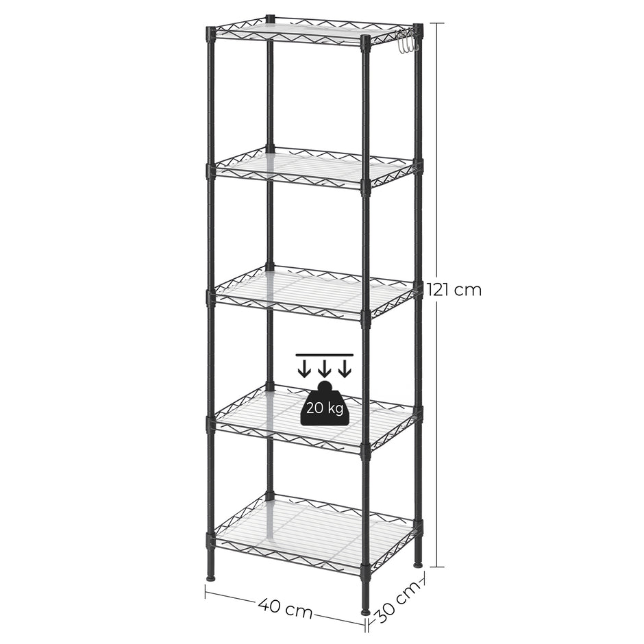 5-Tier Wire Shelving Unit – Metal – Black – Adjustable Shelves and Hooks, 100 kg Load Capacity