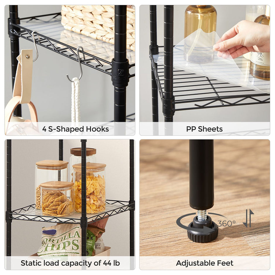 5-Tier Wire Shelving Unit – Metal – Black – Adjustable Shelves and Hooks, 100 kg Load Capacity