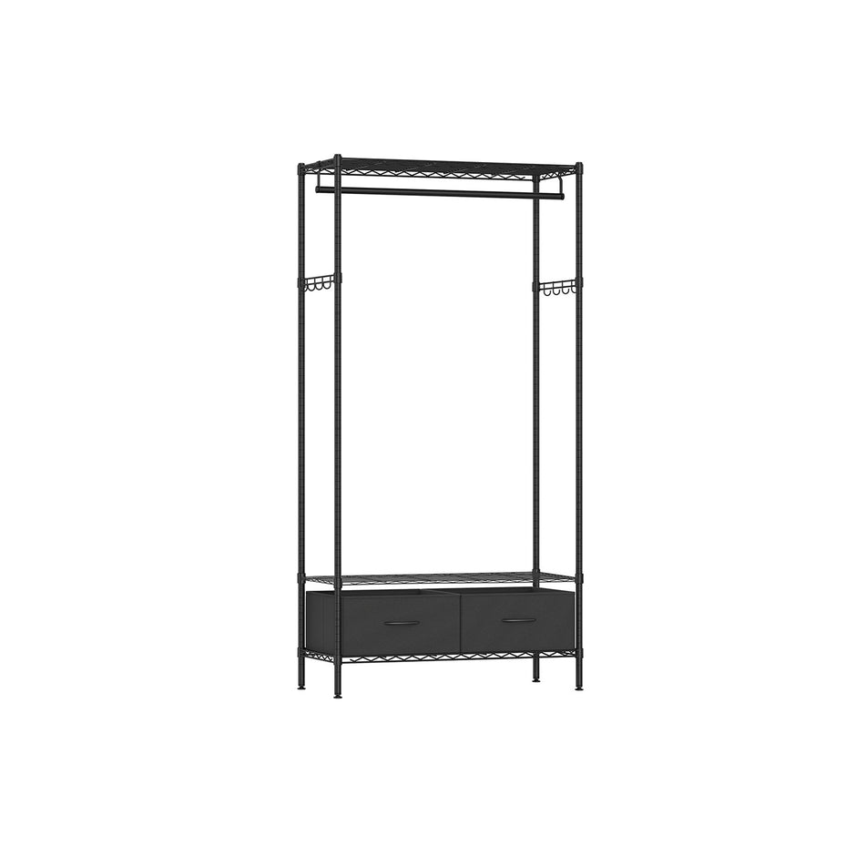 Clothes Rack – Metal and Fabric – Ink Black – Freestanding with Mesh Shelf and Drawers