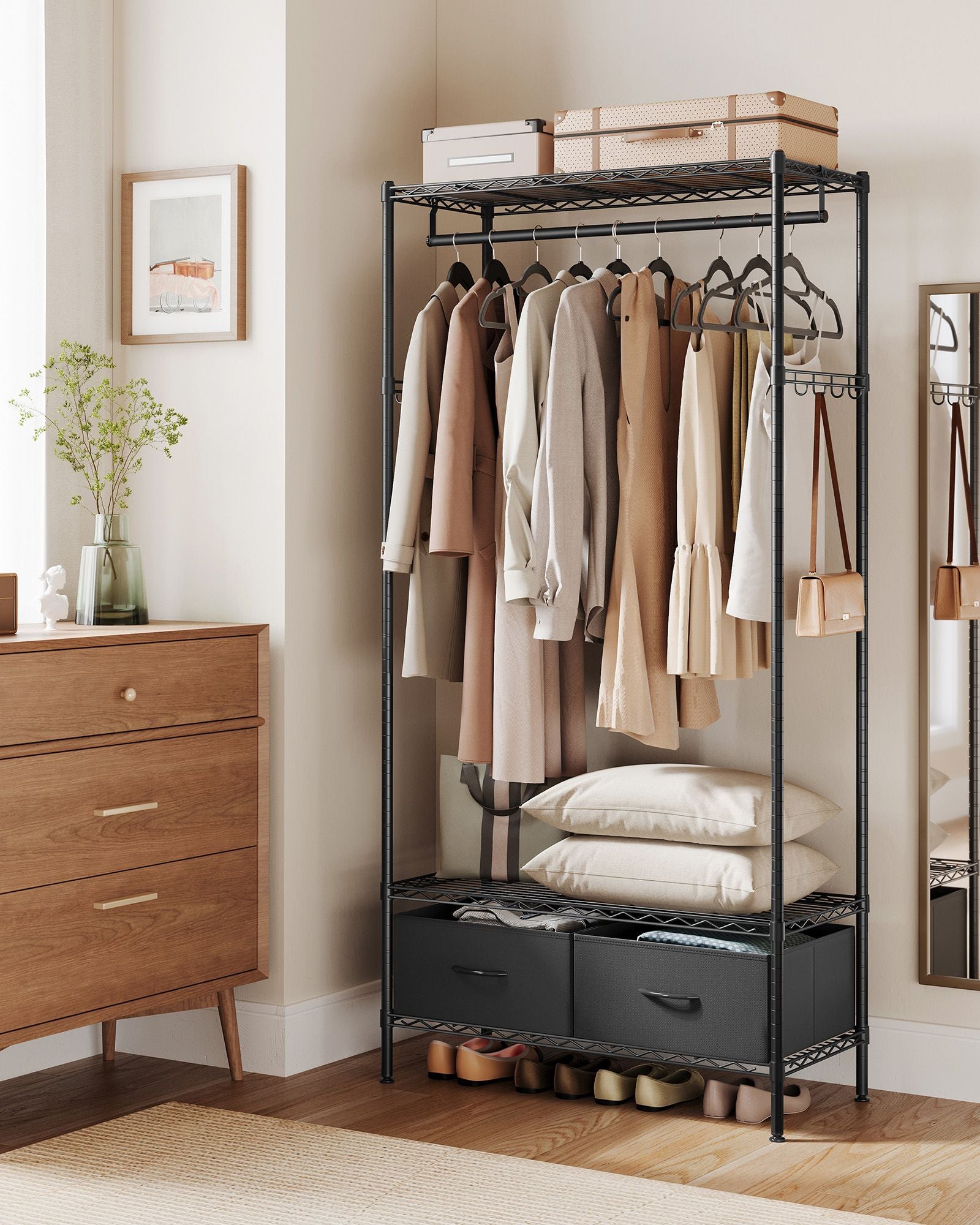 Clothes Rack – Metal and Fabric – Ink Black – Freestanding with Mesh Shelf and Drawers