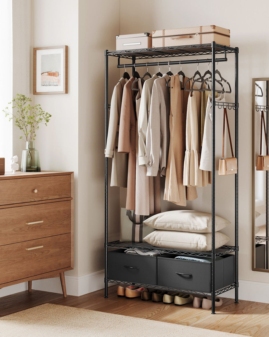 Clothes Rack – Metal and Fabric – Ink Black – Freestanding with Mesh Shelf and Drawers