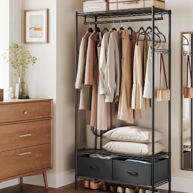 Clothes Rack – Metal and Fabric – Ink Black – Freestanding with Mesh Shelf and Drawers