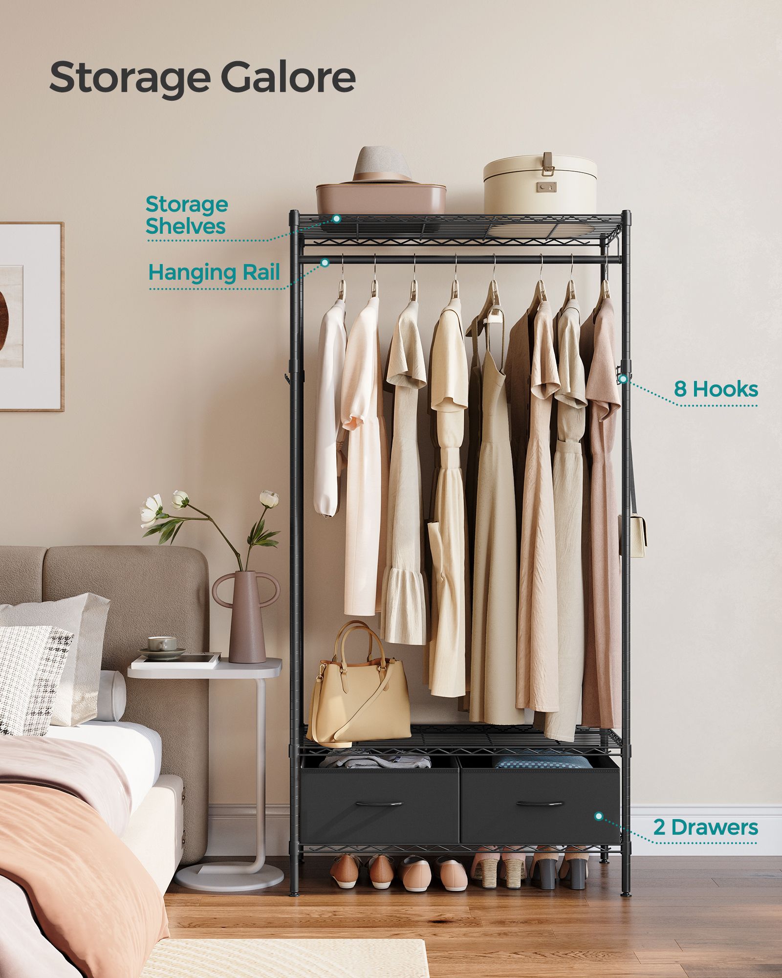 Clothes Rack – Metal and Fabric – Ink Black – Freestanding with Mesh Shelf and Drawers