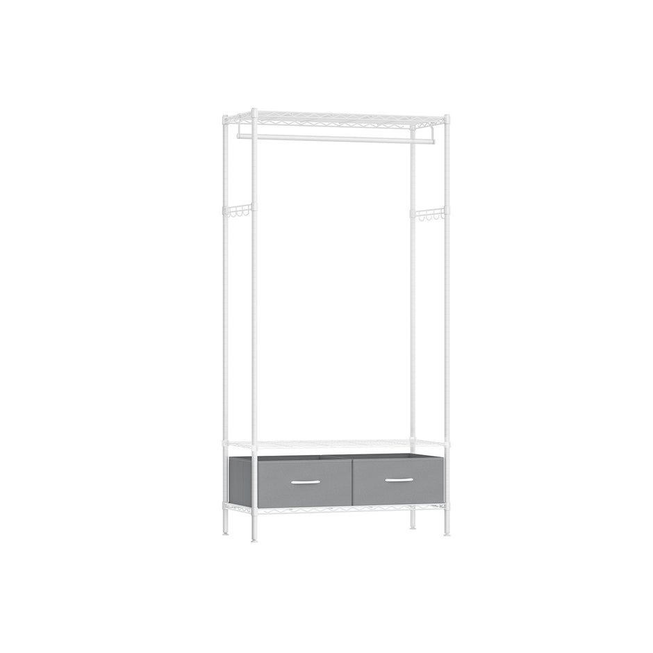Clothes Rack – Metal and Fabric – Ink Black – Freestanding with Mesh Shelf and Drawers