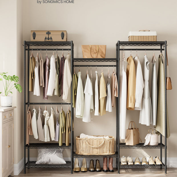 Portable Open Wardrobe – Metal – Ink Black – Heavy-Duty with Adjustable Shelves and Hooks