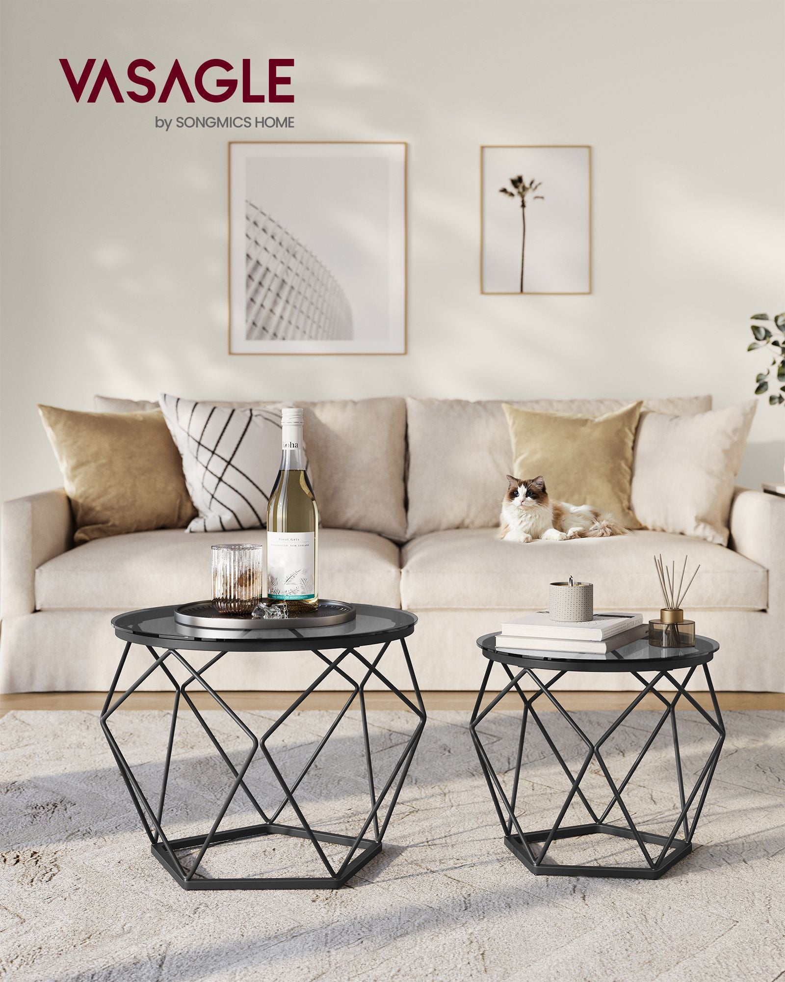 Set of 2 Round Coffee Tables – Steel – Slate Grey and Ink Black – Modern Design with Removable Tabletop