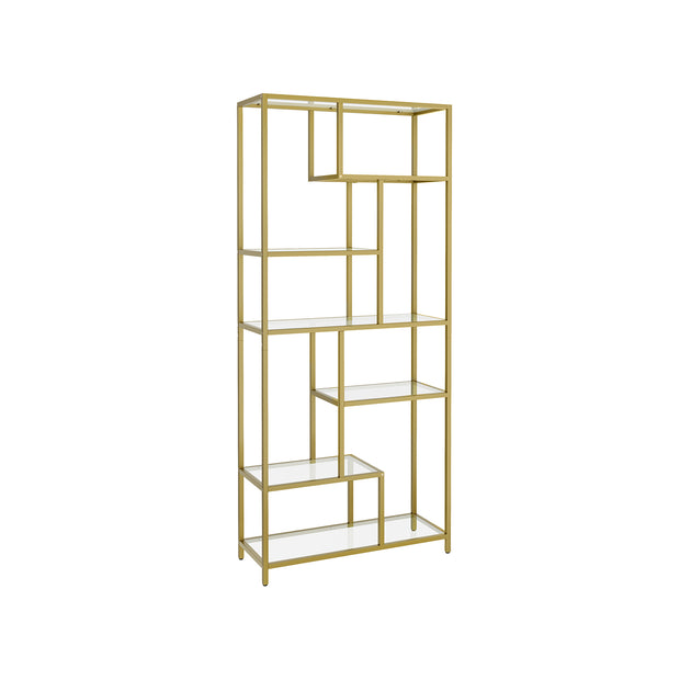 Tall Bookcase – Tempered Glass – Clear – 6-Tier Design for Versatile Display and Storage