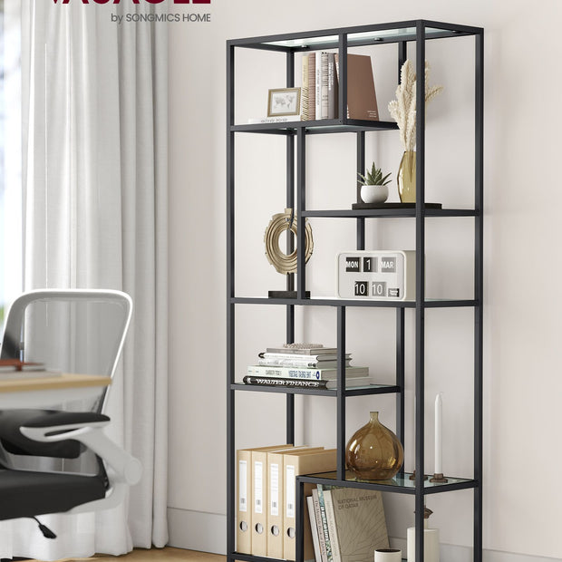 Tall Bookcase – Tempered Glass – Clear – 6-Tier Design for Versatile Display and Storage