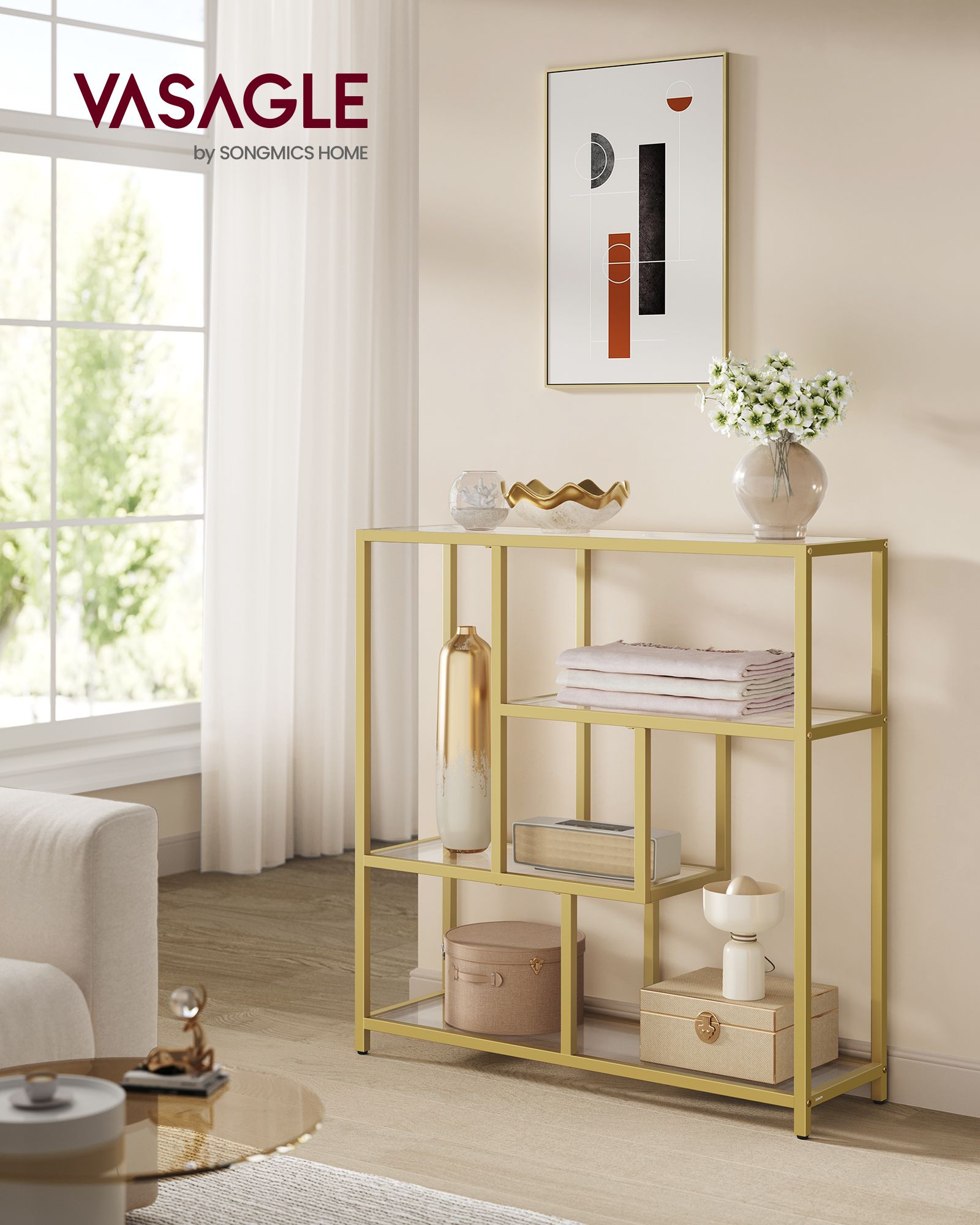 4-Tier Freestanding Bookcase – Metal and Wood – Transparent and Pale Gold – Versatile Storage Solution