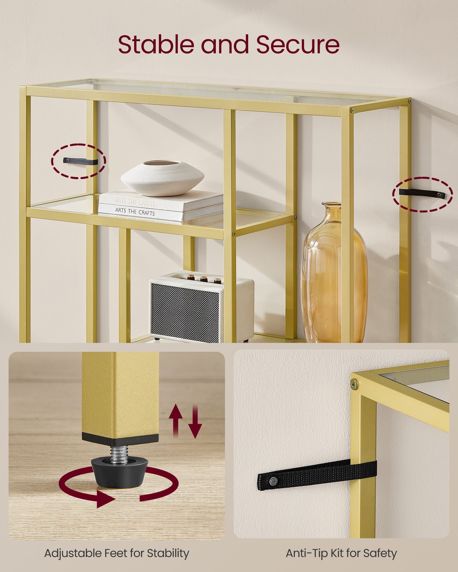 4-Tier Freestanding Bookcase – Metal and Wood – Transparent and Pale Gold – Versatile Storage Solution