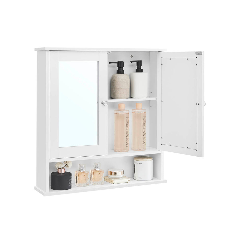 Wall-Mounted Storage Cabinet – Wood – White – Double Mirrored Doors with Adjustable Height Rack