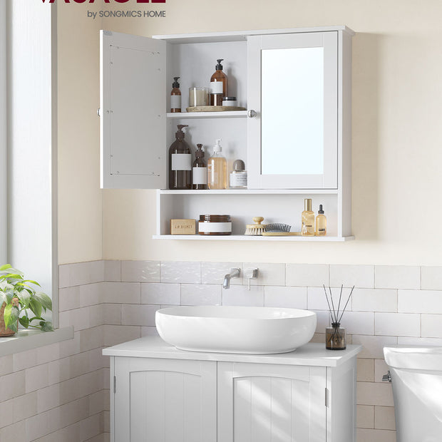 Wall-Mounted Storage Cabinet – Wood – White – Double Mirrored Doors with Adjustable Height Rack