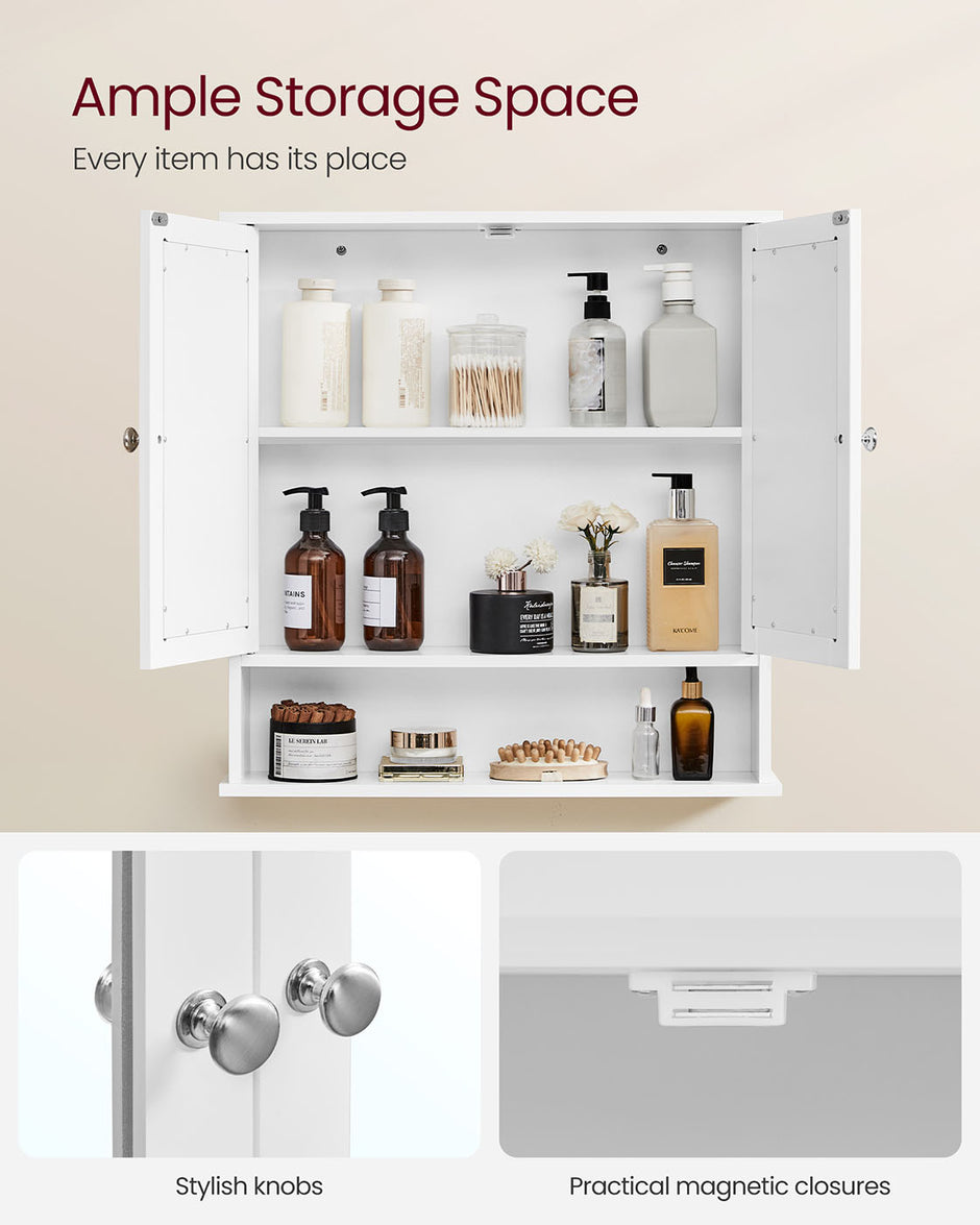 Wall-Mounted Storage Cabinet – Wood – White – Double Mirrored Doors with Adjustable Height Rack