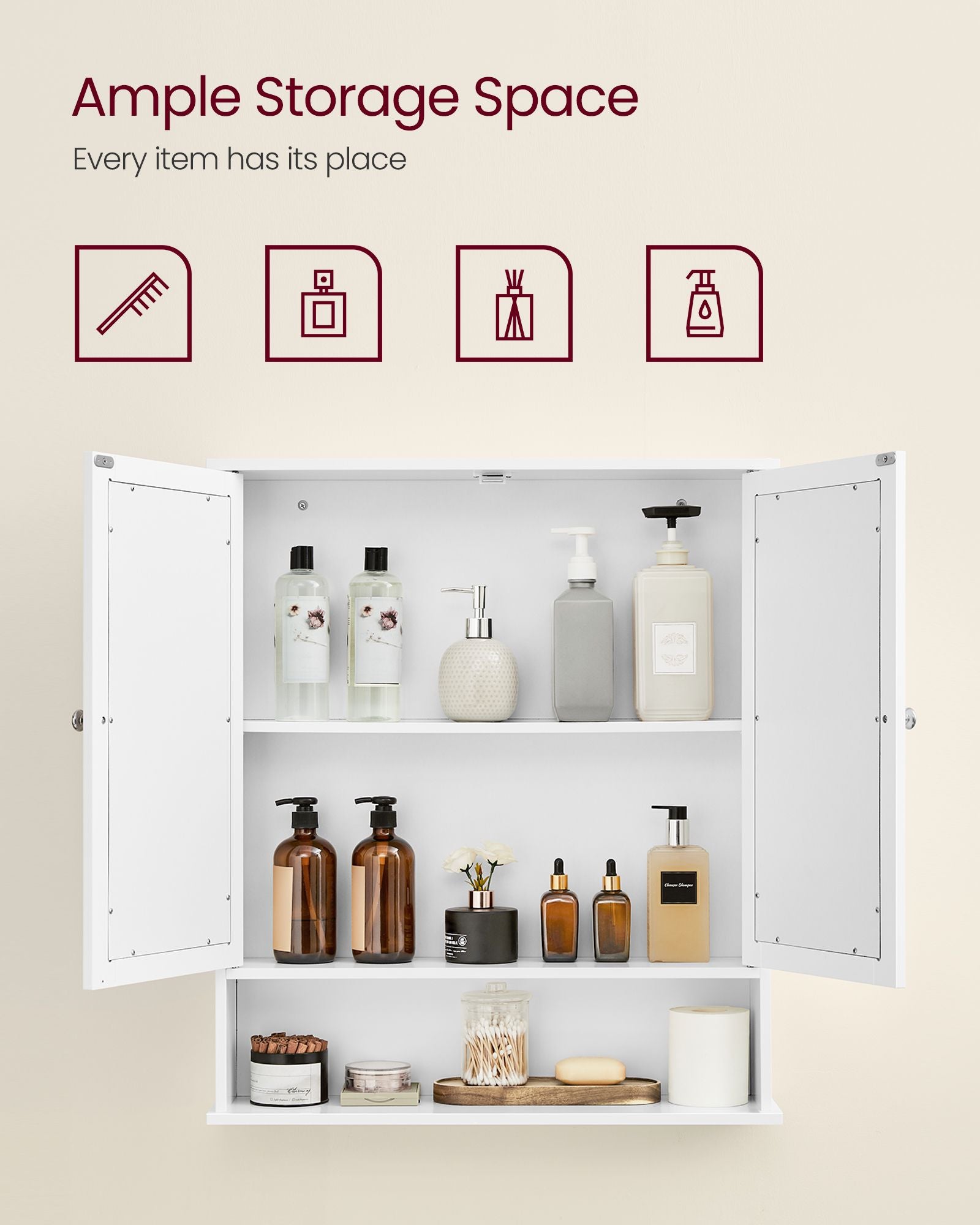 Wall-Mounted Bathroom Cabinet – Wooden – White – Adjustable Height with Double Mirrored Doors