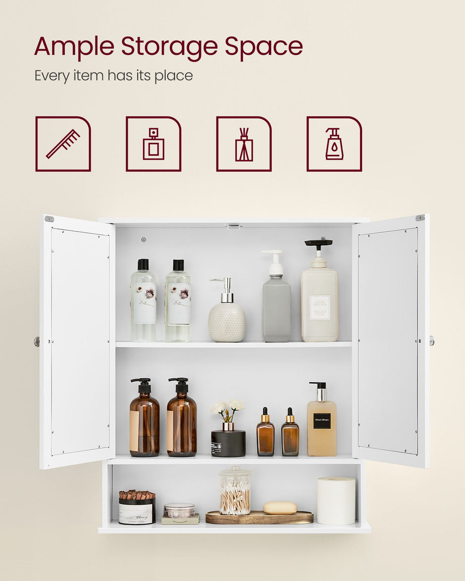 Wall-Mounted Bathroom Cabinet – Wooden – White – Adjustable Height with Double Mirrored Doors