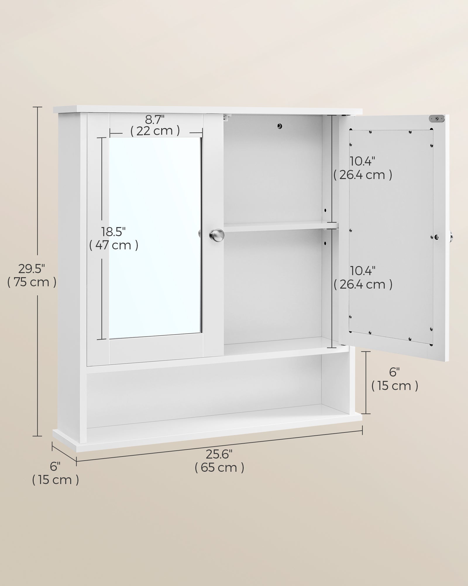 Wall-Mounted Bathroom Cabinet – Wooden – White – Adjustable Height with Double Mirrored Doors