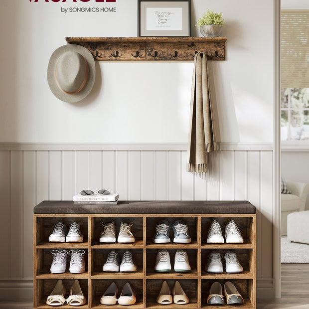 Shoe Bench – Wood – Classic White – Padded Seat with 12 Adjustable Compartments