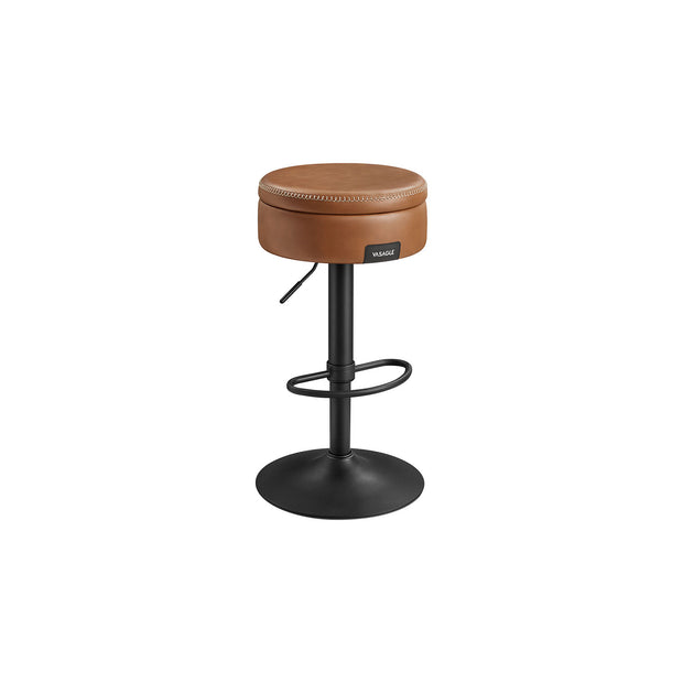 Bar Stool – Synthetic Leather – Caramel Brown – 360° Swivel and Height Adjustable with Storage