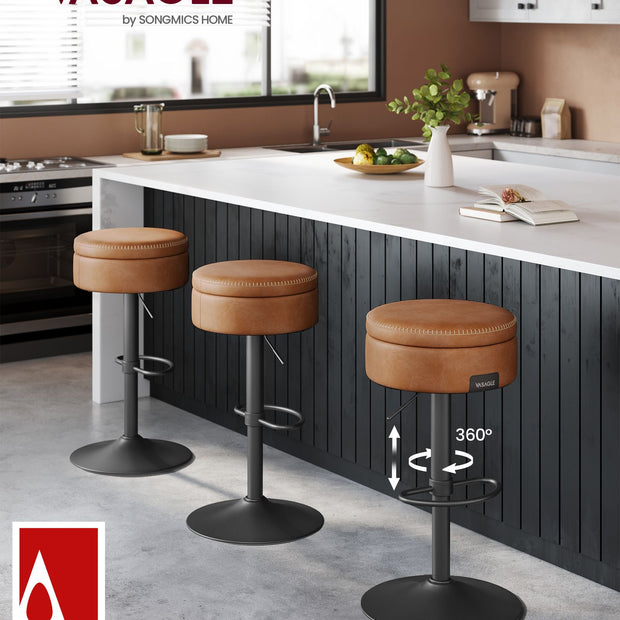 Bar Stool – Synthetic Leather – Caramel Brown – 360° Swivel and Height Adjustable with Storage