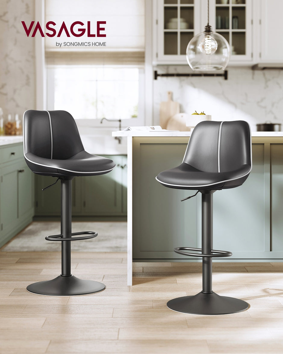 Height Adjustable Swivel Bar Stools – Synthetic Leather – Quilt – Set of 2 with Back and Footrest