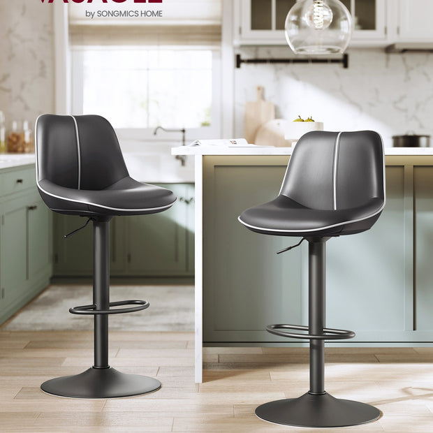 Height Adjustable Swivel Bar Stools – Synthetic Leather – Quilt – Set of 2 with Back and Footrest