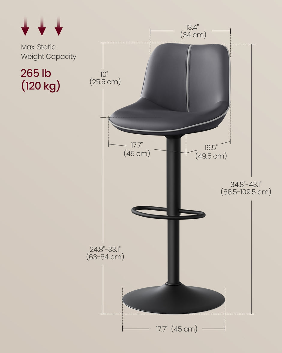 Height Adjustable Swivel Bar Stools – Synthetic Leather – Quilt – Set of 2 with Back and Footrest