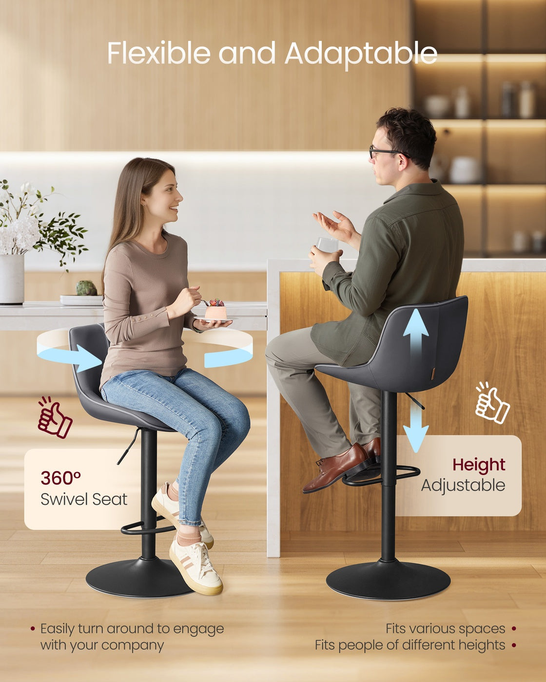 Height Adjustable Swivel Bar Stools – Synthetic Leather – Quilt – Set of 2 with Back and Footrest