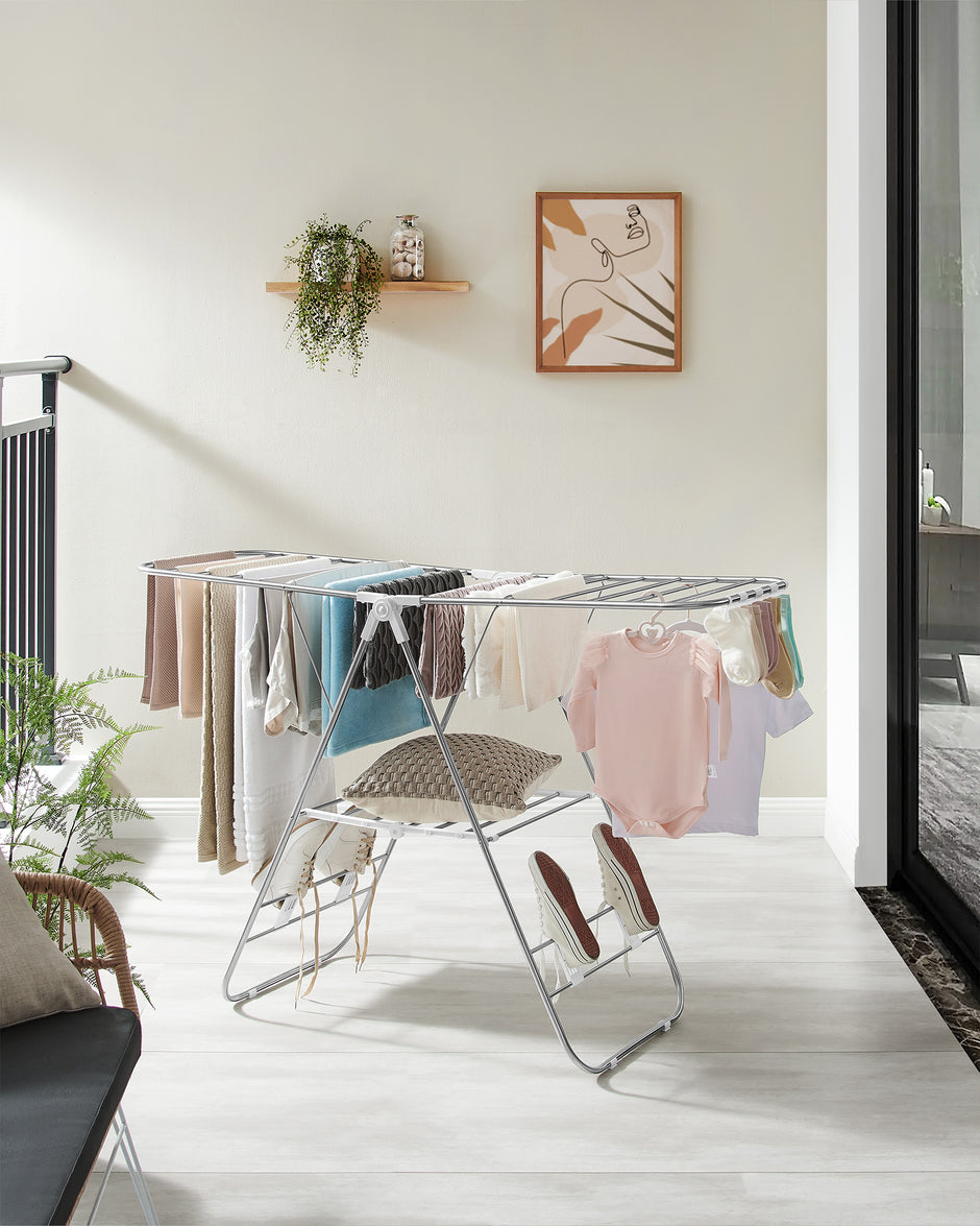 Foldable Clothes Drying Rack – Stainless Steel – Silver – Height-Adjustable Wings with 16 Metre Drying Space