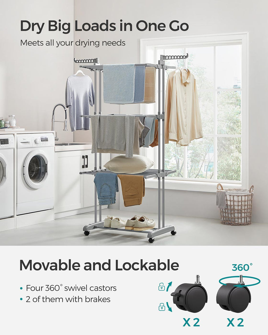 4-Tier Clothes Airer – Stainless Steel – Grey – Foldable and Moveable with Folding Wings