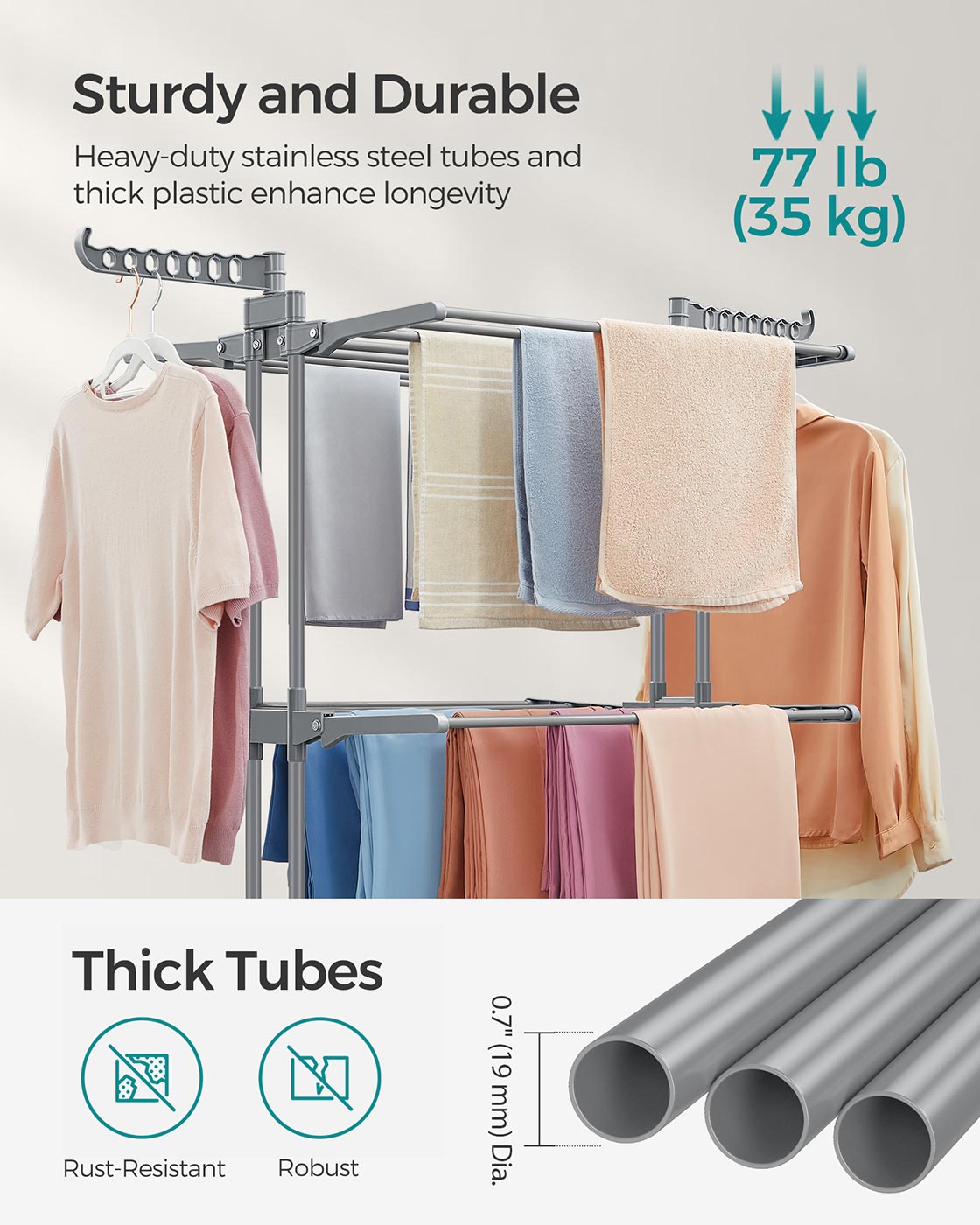 4-Tier Clothes Airer – Stainless Steel – Grey – Foldable and Moveable with Folding Wings