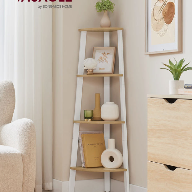 4-Tier Corner Shelf Unit – Natural Oak and Matte White – Industrial Style Organizer for Home and Living Spaces