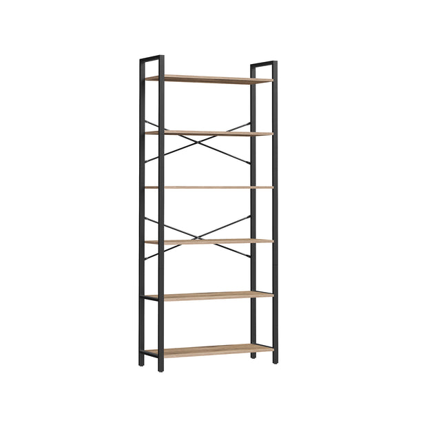 Tall Bookshelf – Steel Frame – Rustic Brown and Ink Black – 6-Tier Freestanding Shelf Unit