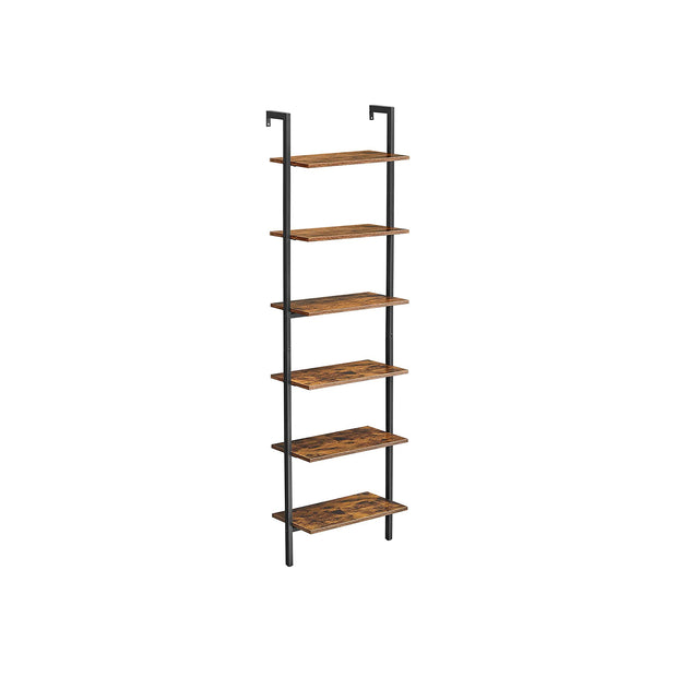 Wall-Mounted Ladder Shelf – Wood and Metal – Rustic Brown and Black – 6-Tier Design